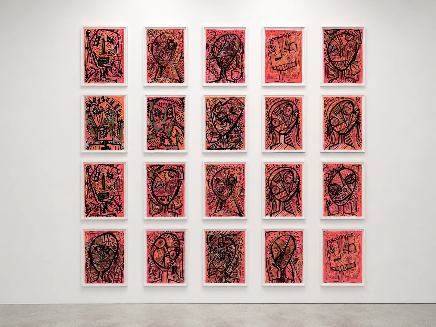 Heads on Paper, wall installation with twenty framed paintings by Bob de Jong